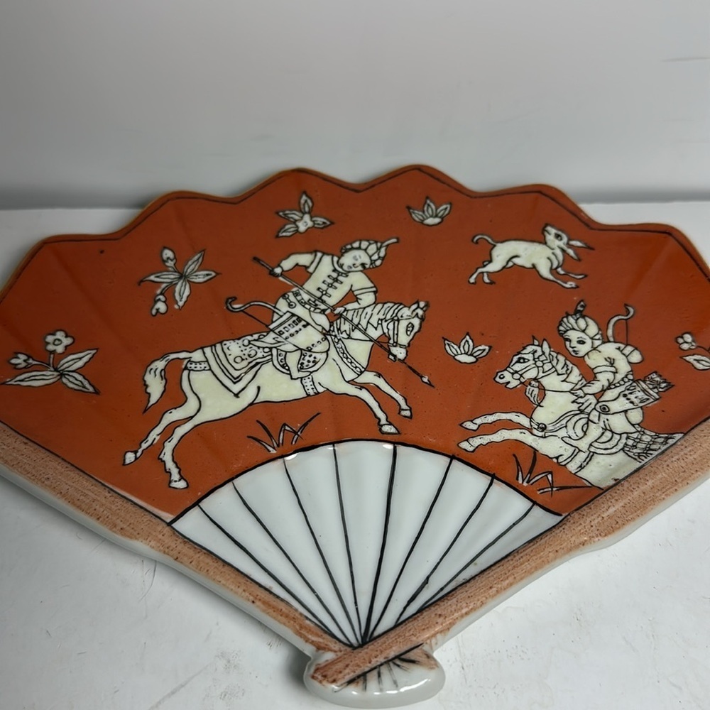 Japanese Kutani Ware porcelain Bowl Fan-Shaped Plate Set Horse Rider Design - Picture 11 of 11